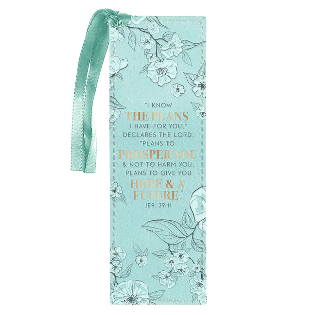 Christian Art Gifts Faux Leather Bookmark: I Know the Plans I Have for You - Jeremiah 29:11 Inspirational Bible Verse, Teal with Satin Ribbon