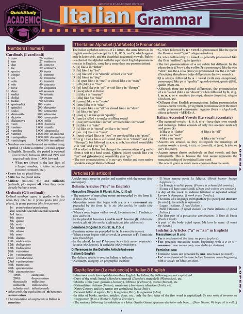Italian Grammar: A Quickstudy Laminated Language Reference Guide