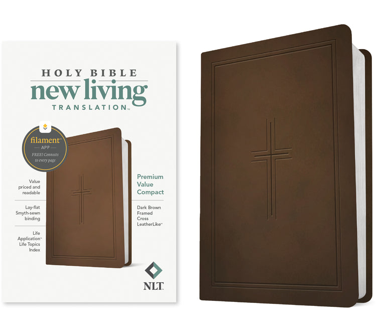 NLT Premium Value Compact Bible, Filament Enabled (Leatherlike, Dark Brown Framed Cross)