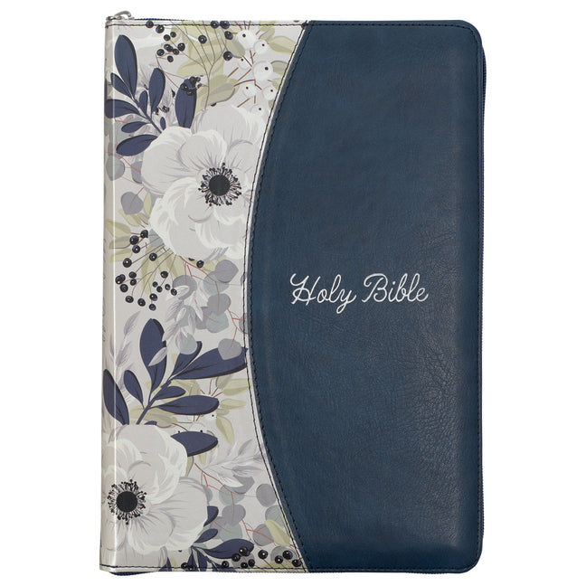 KJV Bible Thinline Large Print (Faux Leather, Blue Floral Printed W/Zipper)